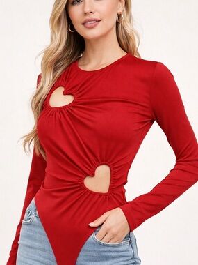 Zara Red Long-Sleeve Heart Cutout Bodysuit